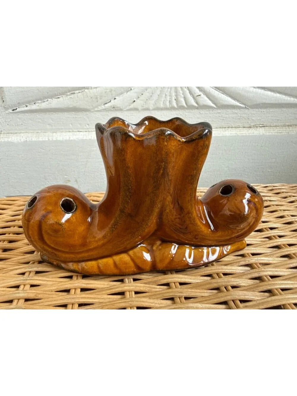 Vintage 70s Anna Van Briggle Brown Pottery Flower Frog Vase